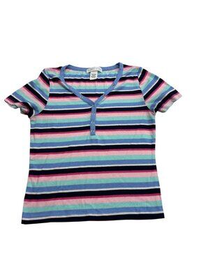 Planet Gold Womens Striped Ribbed Tee Shirt Short Sleeve Size L